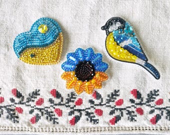 Ready to Wear Ukraine Brooch, Finished Blue Yellow Jewelry, Sunflower Heart Bird Pin