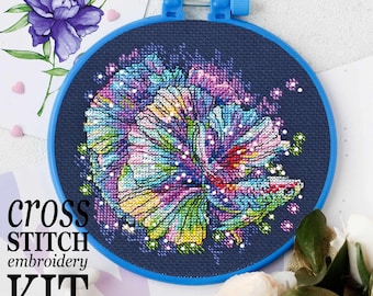 Multicolor Flower Cross Stitch Kit: Neon Glitter Embroidery Hoop Art