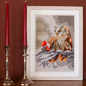 Owl and Christmas Gnome Counted Cross Stitch Kit: Winter Bird Embroidery