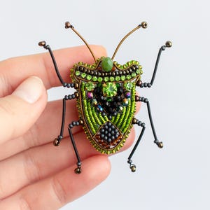 Bead Embroidery Kit: Green Shield Bug Brooch DIY Craft