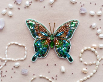 Green Butterfly Handmade Beaded Brooch, Insect Embroidery Brooch, Art Glass Pin, Seed Bead Brooch