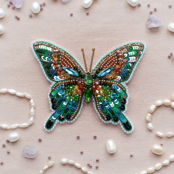 Green Butterfly Handmade Beaded Brooch, Insect Embroidery Brooch, Art Glass Pin, Seed Bead Brooch