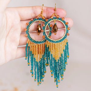 DIY Beaded Hoop Earring Kit: Blue & Yellow Fringe, Adult Craft