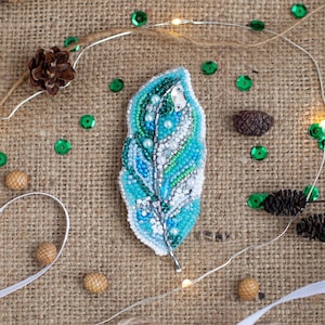 Feather Beaded Brooch: Handmade Embroidery Art Glass Pin