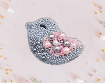 Handmade Beaded Bird Brooch: Gray Embroidery Art Glass Pin