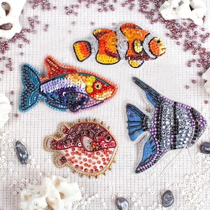 Beaded Fish Brooch Embroidery Kit, Colorful Ocean DIY Jewelry Craft