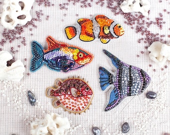 Beaded Fish Brooch Embroidery Kit, Colorful Ocean DIY Jewelry Craft