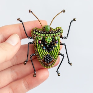 Bead Embroidery Kit: Green Shield Bug Brooch DIY Craft