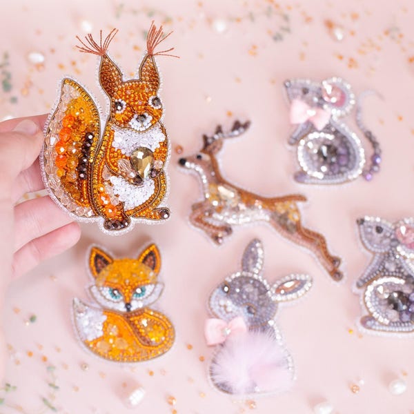 Forest Animal Beaded Brooch Kit, Woodland DIY Jewelry Embroidery Set