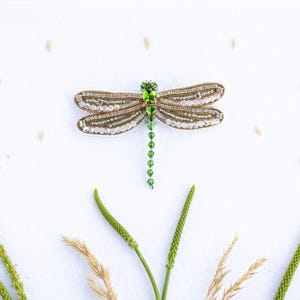 a decorative dragonfly brooch with green gemstones, surrounded by various natural elements such as grass, leaves, and small grains of sand.