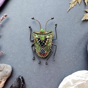 a detailed, intricately designed green and black insect brooch, surrounded by various natural elements such as leaves, rocks, and flowers.