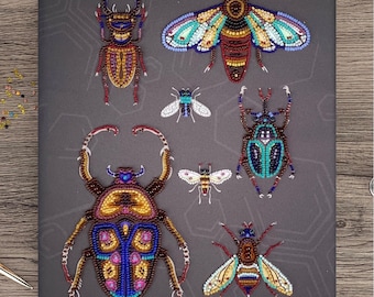 Bugs Bead embroidery kit beadwork on canvas. DIY craft kit - home decor. Butterfly Bead Kit. Insect Beading Kit. Needlework beading