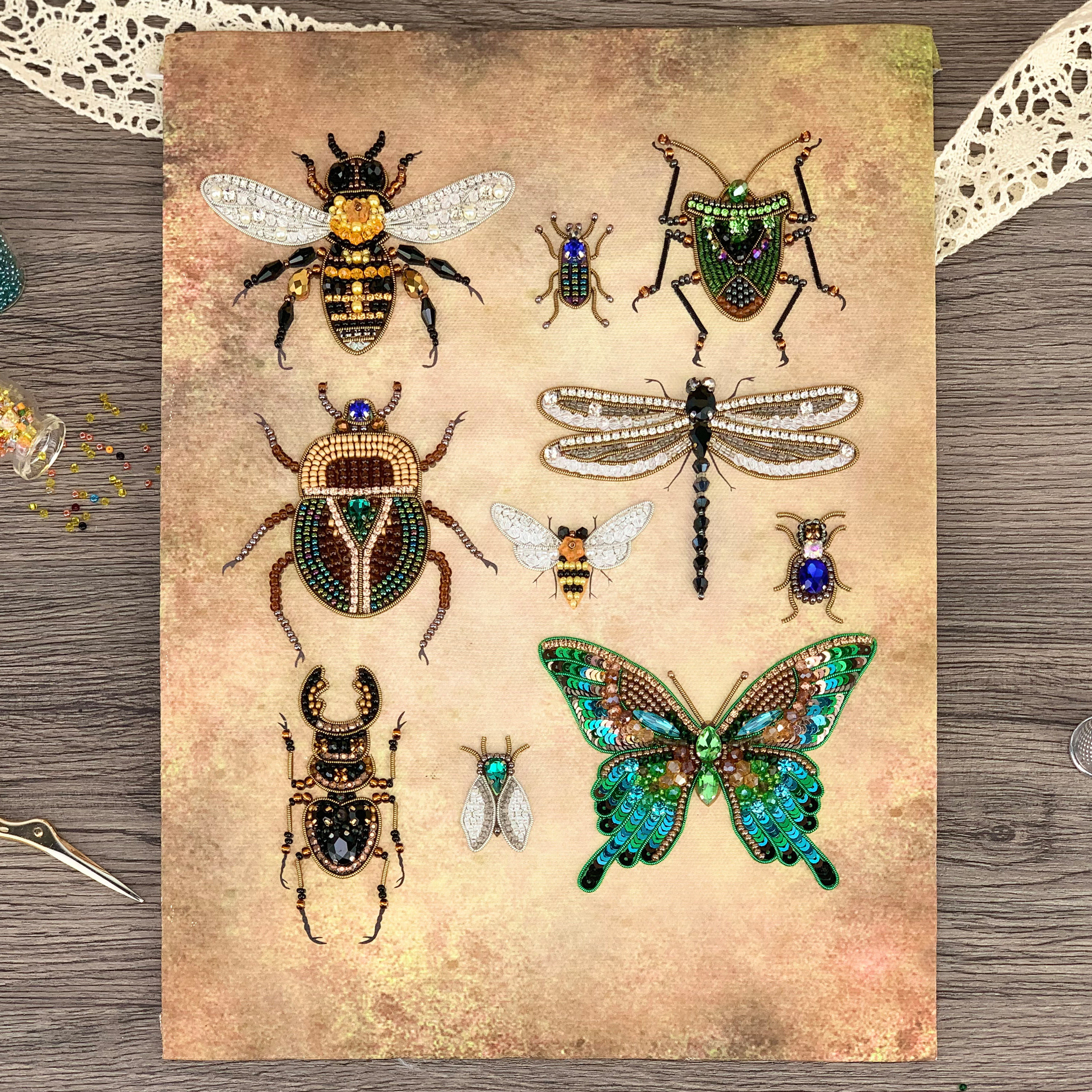 Bugs Bead embroidery kit. DIY craft kit - beadwork on canvas. DIY home decor. Butterfly Bead kit. Insect Beading Kit. Needlework beading