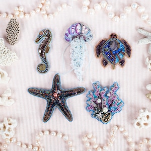 Bead Embroidery Kit - Set of 5 Sea Creatures, DIY Craft kits, Marine Beaded Brooches, Jewelry Making Kits for Adults, Needlework beading