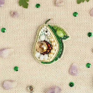 Avocado Beaded Brooch: Handmade Embroidery Art Glass Pin