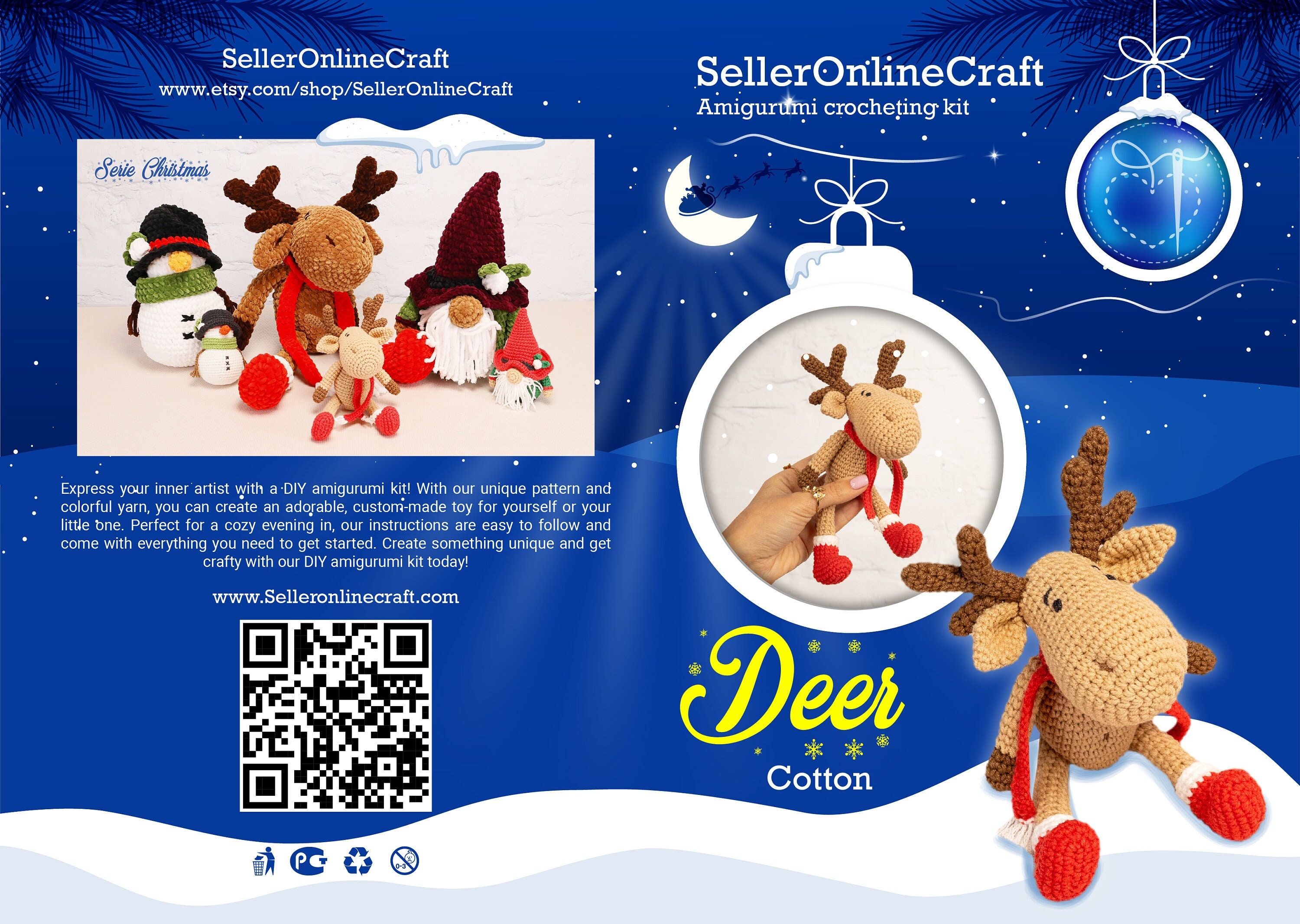 かぎ針編みのクリスマストナカイ編みぐるみのパターン：初心者向け