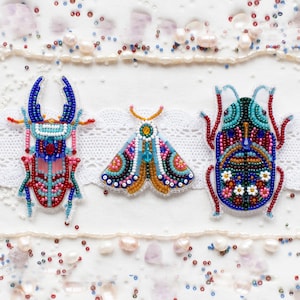 Bead Embroidery Kit: Set of 3 Insect Brooches, DIY Needlework