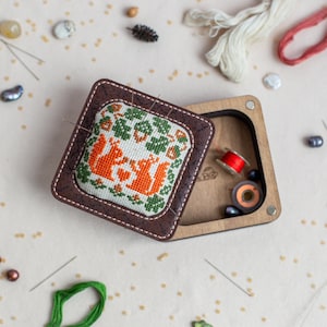 DIY Embroidered Pin Cushion Lid and Wooden Box for Needles Storage,  Squirell Embroidery Pattern for Sewing Supplies Box