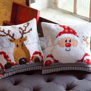 Winter cross stitch kit for making reindeer cushion cover, Christmas hand embroidery kit, DIY embroidered pillowcase