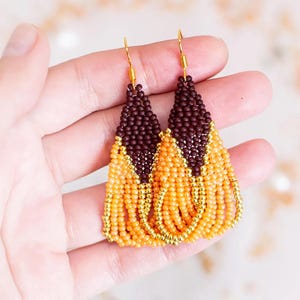 DIY Beaded Dangle Earrings Kit: Orange Gold Mosaic, Adult Craft