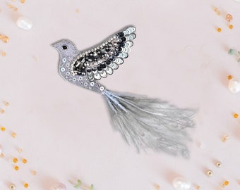 Silver Bird Beaded Brooch: Handmade Embroidery Art Glass Pin
