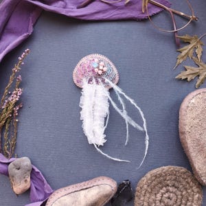 Jellyfish Bead Embroidery Kit: DIY Brooch with Feather Tentacles