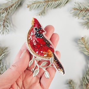 Beaded Brooch Kit Red Cardinal  : DIY Embroidery Craft Set for Beginners