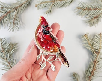 Beaded Brooch Kit Red Cardinal  : DIY Embroidery Craft Set for Beginners