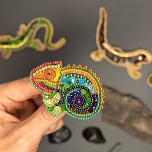 Beaded Brooch Kit, Colorful Lizard Embroidery DIY Jewelry, Exotic Animal Craft (5x7cm)