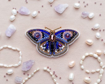 Purple Butterfly Handmade Beaded Brooch, Insect Embroidery Brooch, Art Glass Pin, Seed Bead Brooch