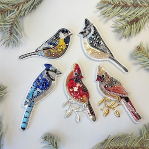 Set of 5 Bird Brooch Kit: DIY Beaded Embroidery, Jewelry Making