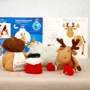 Christmas Reindeer Crochet Kit for Adults, Beginner Crochet Kit, Funny Deer Amigurumi DIY Craft Kit