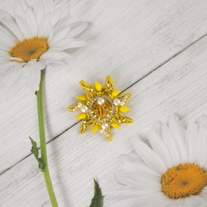 Sun Handmade Beaded Brooch: Embroidery Art Glass Pin