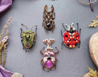 Beetle Brooch Embroidery Kit, Bold Insect DIY Jewelry, Statement Accessory Set