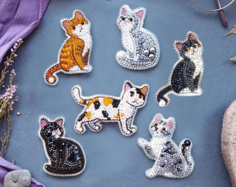 Set of 6 Cat Bead Embroidery Kit: DIY Brooch Pins