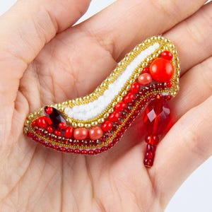 Red Shoe Bead Embroidery Brooch Kit: DIY Jewelry Making