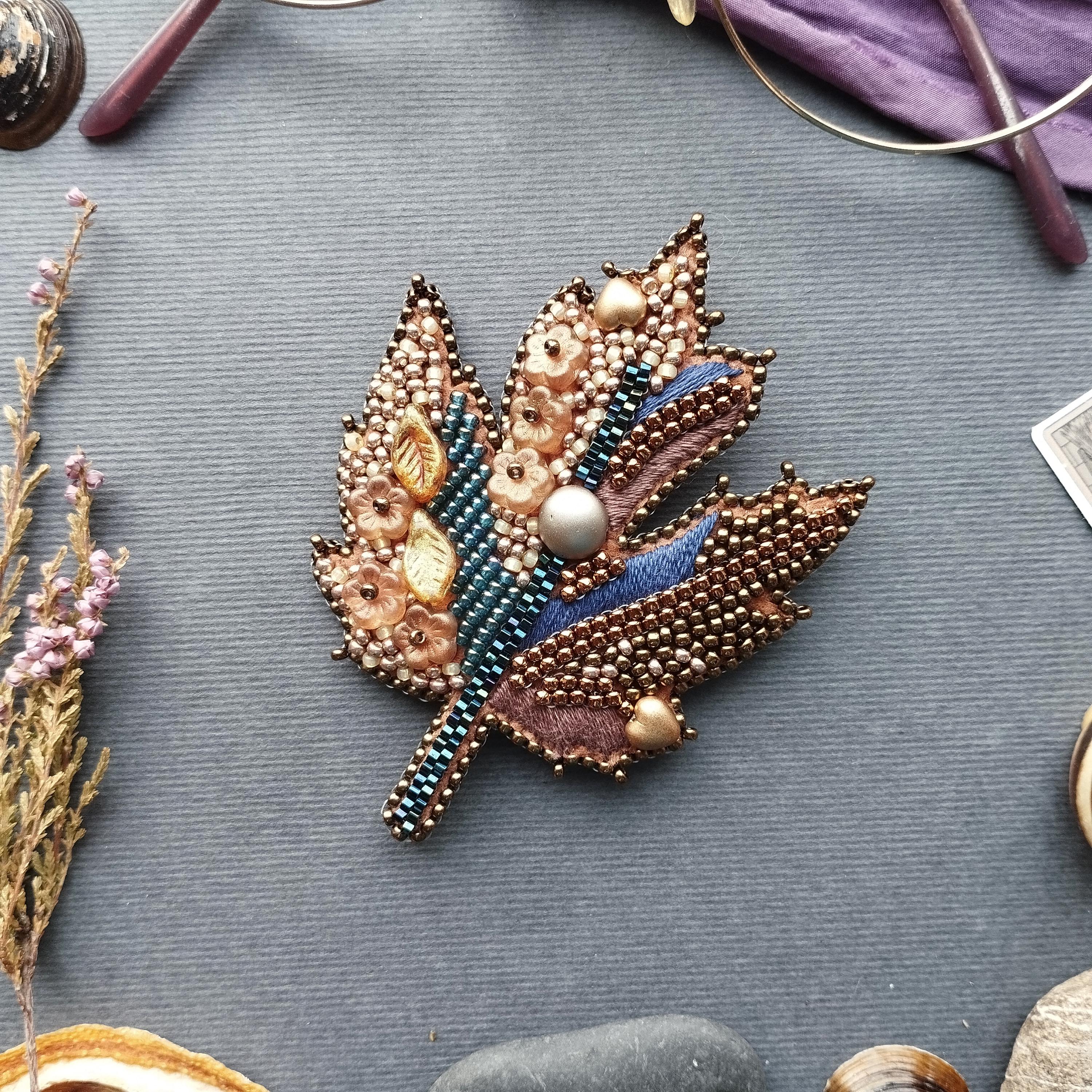 525*526*527*528*529 刺繍ブローチ ハンドメイド 5点セット ビーズ刺繍ブローチキット5点セット：葉とカタツムリのDIYジュエリー