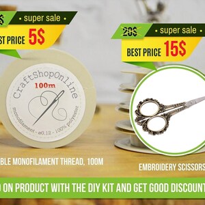 two price tags for sewing supplies, including a monofilament thread and embroidery scissors, with a DIY kit available. The tags display the prices for the items and offer a "super sale" discount.