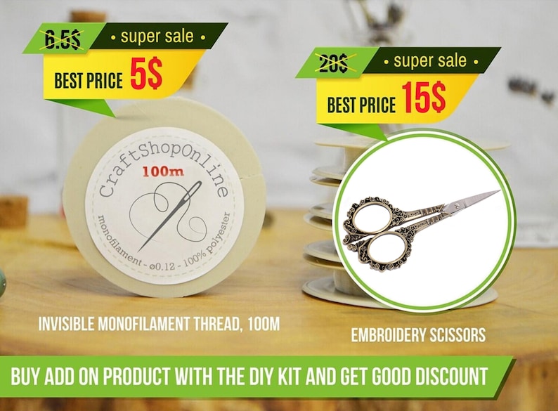 two price tags for sewing supplies, including a monofilament thread and embroidery scissors, with a DIY kit available. The tags display the prices for the items and offer a "super sale" discount.