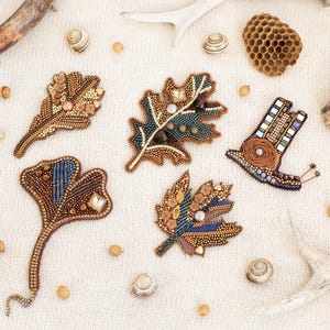 Forest Leaf Beaded Brooch Kit, Japanese Seed Bead Embroidery Jewelry (Ginkgo, Oak, Maple)