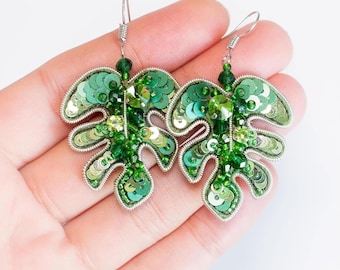 Stickerei Monstera Ohrringe Kit: Seed Bead DIY Schmuck