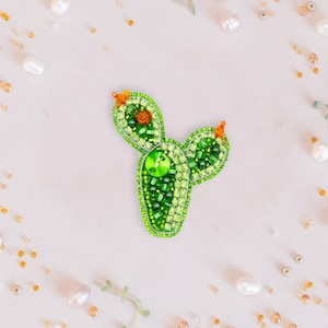 Handmade Cactus Beaded Brooch: Embroidered Art Glass Pin