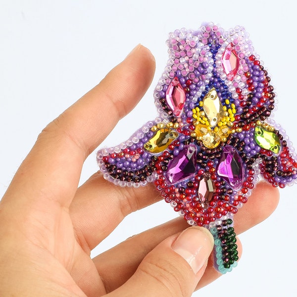 Amethyst Iris Bead embroidery kit. Seed Bead Brooch kit. DIY Craft kit. Flower Beading Kit. Needlework beading. Handmade Jewelry Making Kit