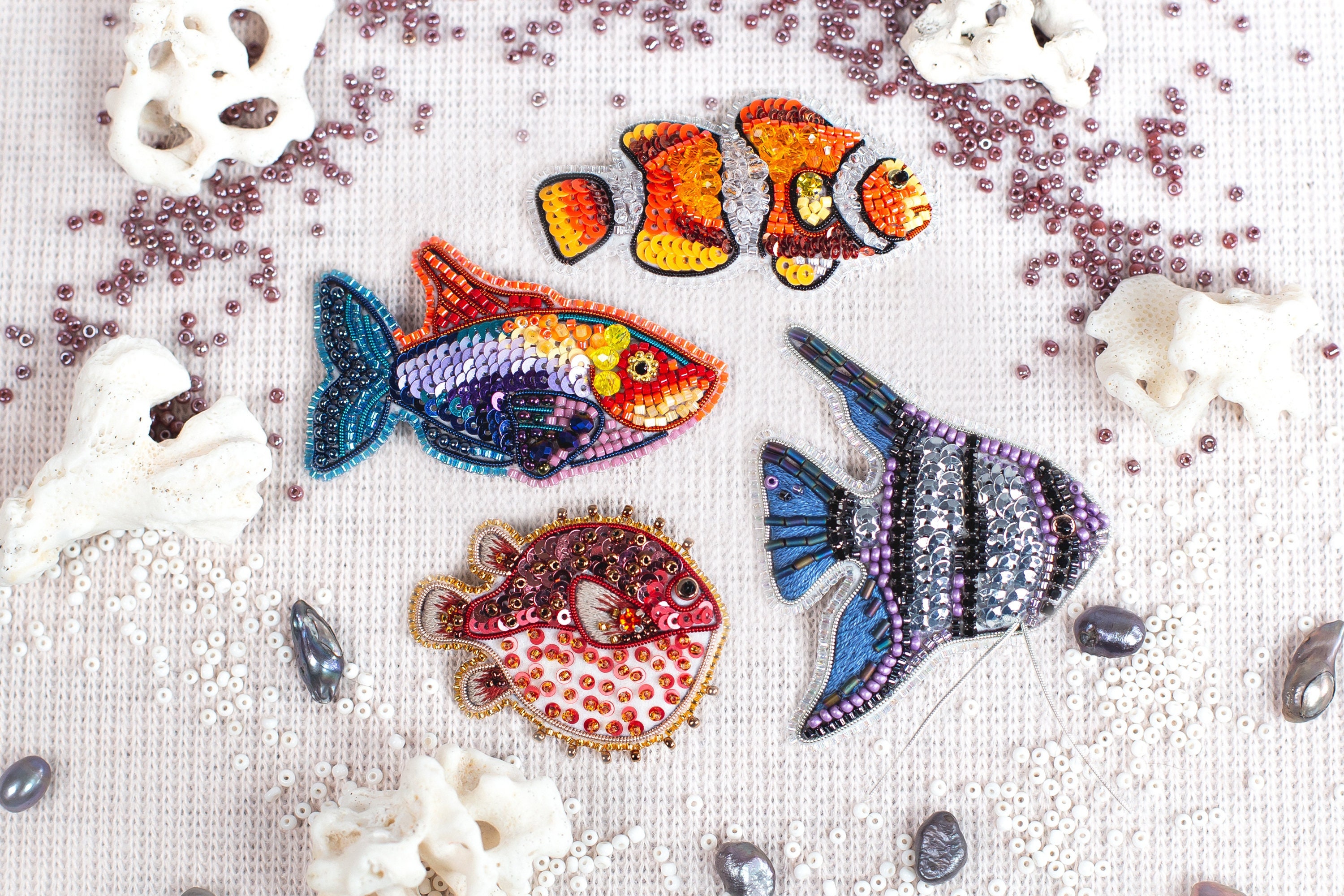 Bead Embroidery Kit - Set of 4 Fishes, DIY Craft kits, Sea Beaded Brooches, Jewelry Making Kits for Adults, Needlework beading