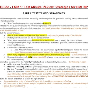 以下が含まれることがあります： Study Guide - LMR 1: Last Minute Review Strategies for PMHNP Examというタイトルの学習ガイド。この文書には、試験対策の戦略が記載されており、番号付きリストや、試験テクニックに関するハイライトされたテキストを含む箇条書きで構成されています。