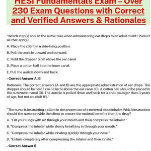 Puede incluir: Un documento titulado "HESI Fundamentals Exam" con el subtítulo "Más de 230 preguntas de examen con respuestas y justificaciones correctas y verificadas". Incluye preguntas y respuestas de un examen de enfermería.