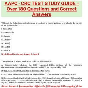 以下が含まれることがあります： AAPC CRCテストスタディガイド。180以上の質問と正解が含まれています。このガイドには、がん治療薬と医療記録監査に関する多肢選択問題が含まれています。テキストは黒色で、背景は白色、緑と赤のアクセントがあります。