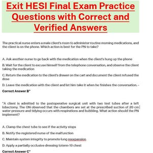 May include: A practice exam page for the Exit HESI Final Exam. The title reads "Exit HESI Final Exam Practice Questions with Correct and Verified Answers." The page contains multiple-choice questions and answers related to nursing practice.
