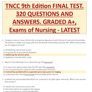 TNCC 9th Edition Final Exam. Over 320 Questions with Correct and Verified Answers