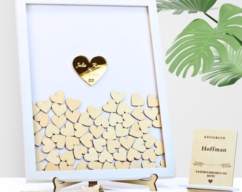 Personalized wedding guest book with wooden elements, wedding souvenir, entries and wishes of the guests in the frame | 100 hearts